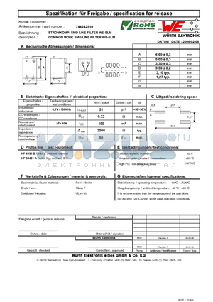 744242510 datasheet - COMMON MODE SMD LINE FILTER WE-SLM