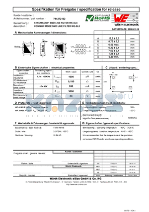 744272102 datasheet - COMMON MODE SMD LINE FILTER WE-SL5