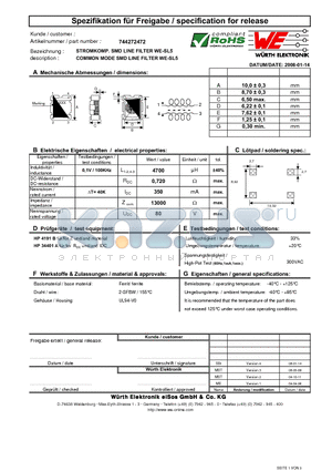 744272472 datasheet - COMMON MODE SMD LINE FILTER WE-SL5