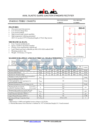 1N4002G datasheet - AXIAL SILASTIC GUARD JUNCTION STANDARD RECTIFIER