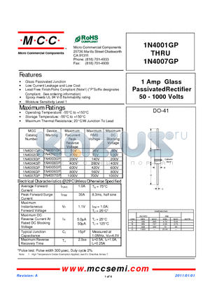 1N4002GP datasheet - 1 Amp Glass Passivated Rectifier 50 - 1000 Volts