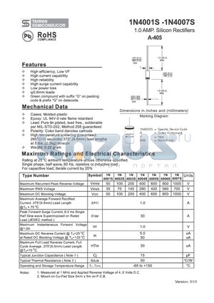 1N4002S datasheet - 1.0 AMP. Silicon Rectifiers