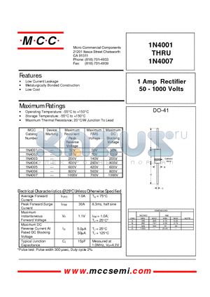 1N4003 datasheet - 1 Amp Rectifier 50 - 1000 Volts