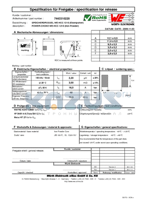 7443310220 datasheet - POWER-CHOKE WE-HCC 1210 (Iron Powder)