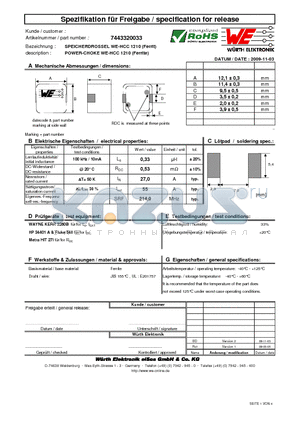 7443320033 datasheet - POWER-CHOKE WE-HCC 1210 (Ferrite)