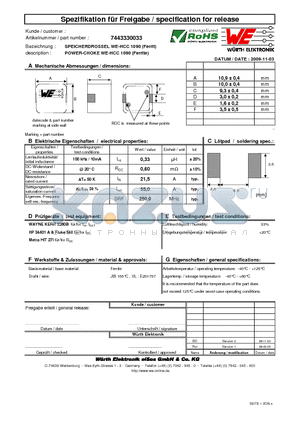 7443330033 datasheet - POWER-CHOKE WE-HCC 1090 (Ferrite)