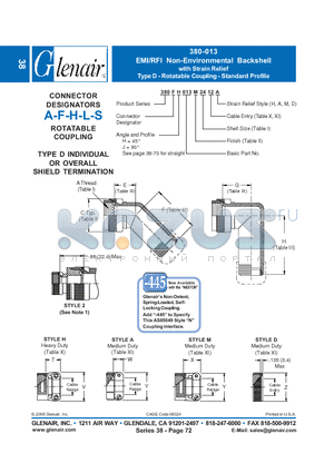 380AJ013B10 datasheet - EMI/RFI Non-Environmental Backshell with Strain Relief