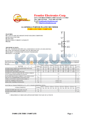 1N4003-LFR datasheet - 1A GENERAL PURPOSE PLASTIC RECTIFIER