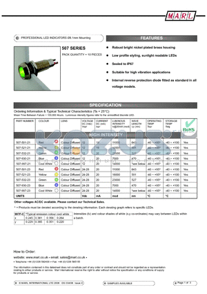 507-521-23 datasheet - PROFESSIONAL LED INDICATORS 8.1mm Mounting