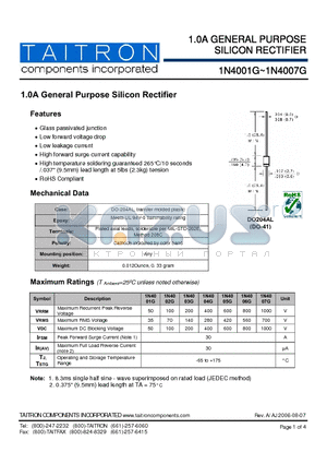 1N4003G datasheet - 1.0A GENERAL PURPOSE SILICON RECTIFIER