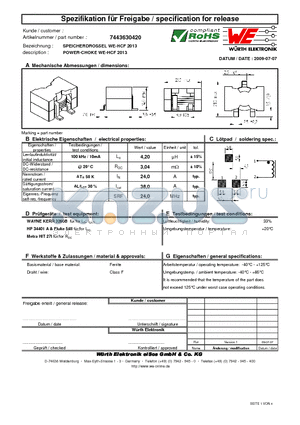 7443630420 datasheet - POWER-CHOKE WE-HCF 2013