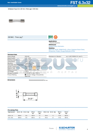 0034.5237 datasheet - Miniature Fuse, 6.3 x 32 mm, Time-Lag T, 250 VAC