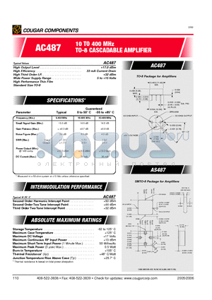 AS487 datasheet - 10 TO 400 MHz TO-8 CASCADABLE AMPLIFIER