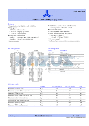 AS4C1M16F5 datasheet - 5V 1M X 16 CMOS DRAM