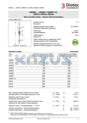 1N4004 datasheet - Silicon Rectifier Diodes  Silizium-Gleichrichterdioden