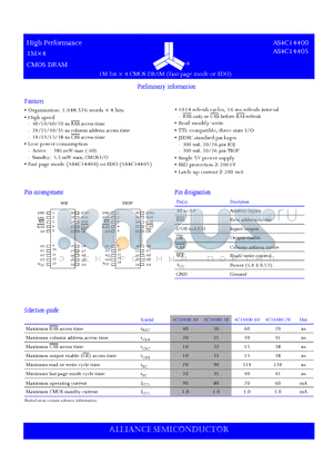 AS4C14400-50JC datasheet - 1M-bit  4 CMOS DRAM (Fast page mode or EDO)