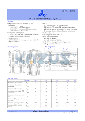 AS4C256K16F0-50TI datasheet - 5V 256K X 16 CMOS DRAM (Fast Page Mode)