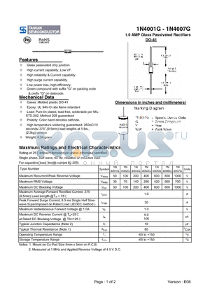 1N4004G datasheet - 1.0 AMP Glass Passivated Rectifiers