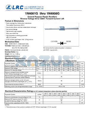 1N4004G datasheet - General Purpose Plastic Rectifiers Reverse Voltage 50 to 1200V Forward Current 1.0A