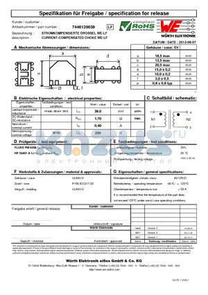 7446120039 datasheet - CURRENT-COMPENSATED CHOKE WE-LF