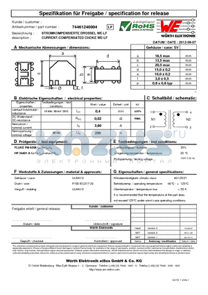 74461240004 datasheet - CURRENT-COMPENSATED CHOKE WE-LF