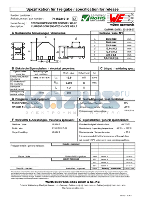 7446221010 datasheet - CURRENT-COMPENSATED CHOKE WE-LF