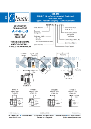 380AM018NF16 datasheet - EMI/RFI Non-Environmental Backshell with Strain Relief