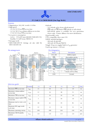 AS4C256K16FO-50TC datasheet - 5V 256K X 16 CMOS DRAM (Fast Page Mode)