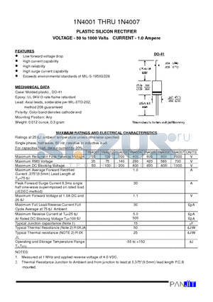 1N4005 datasheet - PLASTIC SILICON RECTIFIER(VOLTAGE - 50 to 1000 Volts CURRENT - 1.0 Ampere)