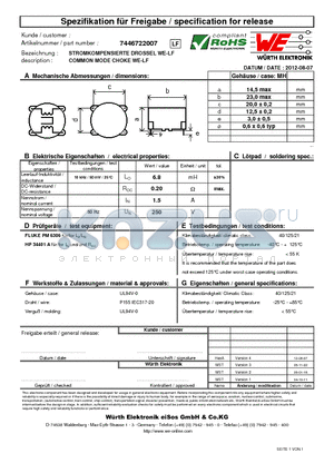 7446722007 datasheet - COMMON MODE CHOKE WE-LF