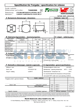 7446822006 datasheet - CURRENT-COMPENSATED CHOKE WE-LF