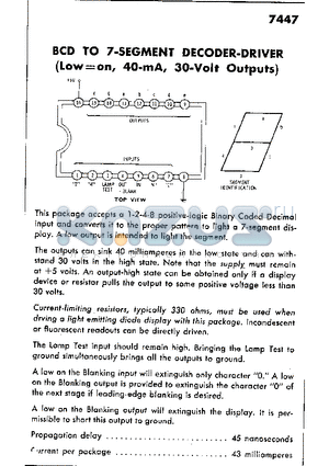 7447 datasheet - BCD TO 7-SEGMENT DECODER-DRIVER(Low=on, 40-mA, 30-Volt Outputs)