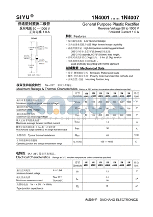 1N4005 datasheet - General Purpose Plastic Rectifier Reverse Voltage 50 to 1000 V Forward Current 1.0 A