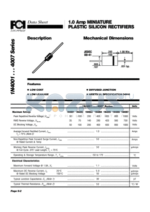 1N4005 datasheet - 1.0 Amp MINIATURE PLASTIC SILICON RECTIFIERS