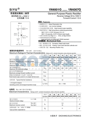 1N4005G datasheet - General Purpose Plastic Rectifier Reverse Voltage 50 to 1000 V Forward Current 1.0 A