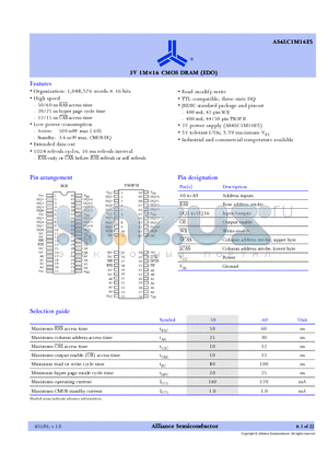 AS4LC1M16E5-60JI datasheet - 3V 1M X 6 CMOS DRAM (EDO)