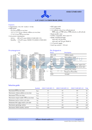 AS4LC256K16E0-45JC datasheet - 3.3V 256K X 16 CMOS DRAM (EDO)