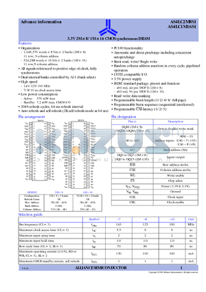 AS4LC1M16S1-8TC datasheet - 3.3V 2M x 8/1M x 16 CMOS synchronous DRAM