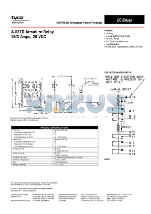 A-837D datasheet - Armature Relay 15/3 Amps, 28 VDC