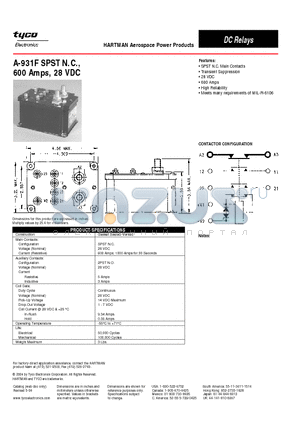 A-931F datasheet - A-931F SPST N.C., 600 Amps, 28 VDC