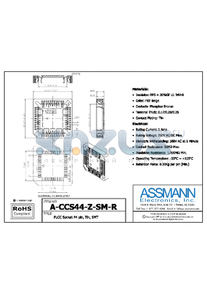 A-CCS44-Z-SM-R datasheet - PLCC SOCKET 44 PIN, TIN, SMT