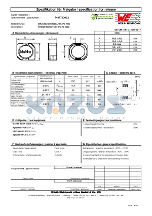 7447713022 datasheet - POWER INDUCTOR WE-PD 1030