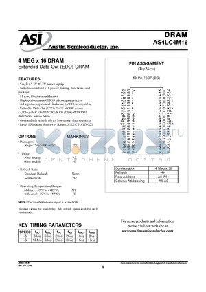 AS4LC4M16DG-5S/XT datasheet - 4 MEG x 16 DRAM