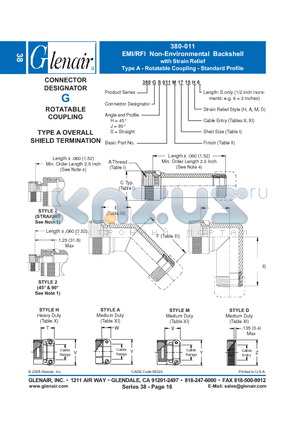 380AS011M12 datasheet - EMI/RFI Non-Environmental Backshell with Strain Relief