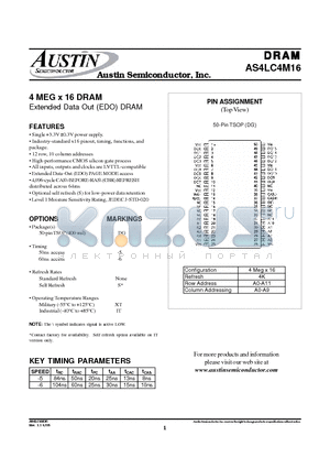 AS4LC4M16DG-6S/XT datasheet - 4 MEG x 16 DRAM Extended Data Out (EDO) DRAM