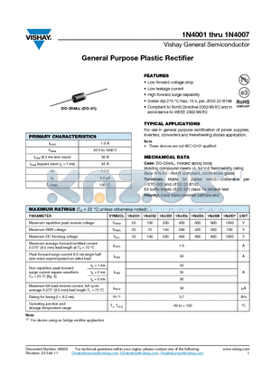 1N4007 datasheet - General Purpose Plastic Rectifier