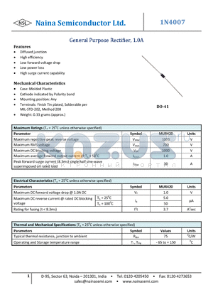 1N4007 datasheet - General Purpose Rectifier 1.0A