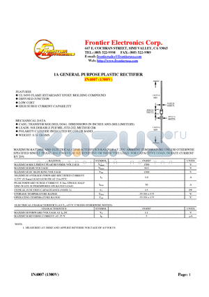 1N4007 datasheet - 1A GENERAL PURPOSE PLASTIC RECTIFIER