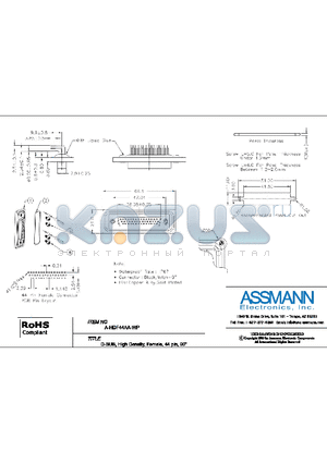 A-HDF44AA-WP datasheet - D-SUB, HIGH DENSITY, FEMALE, 44 PIN 90 