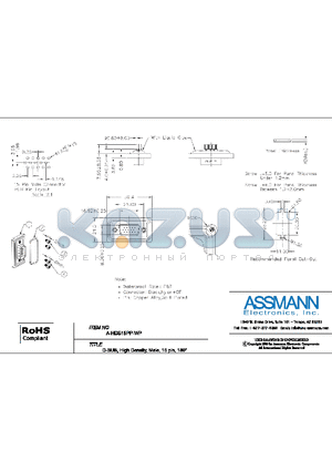 A-HDS15PP-WP-R datasheet - D-SUB, HIGH DENSITY, MALE, 15PIN, 180 